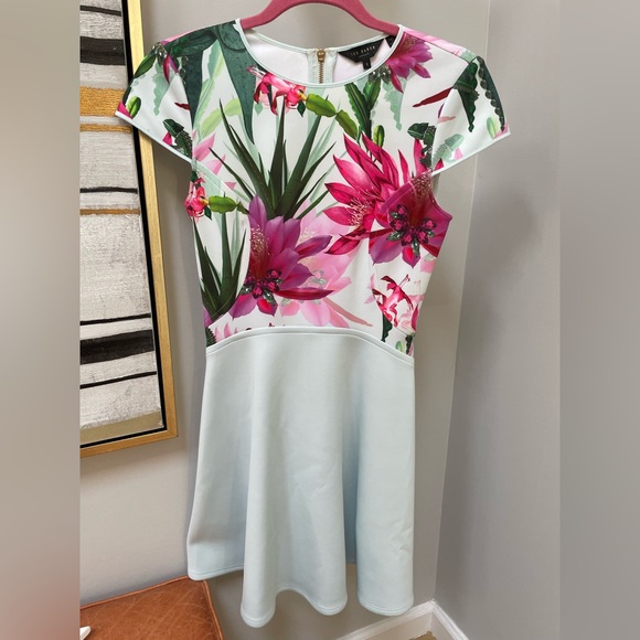 ted baker blue floral skater dress TED BAKER Blue Pink Floral Print Halter Fit Flare Skater Mini Dress 4TB = 10 US